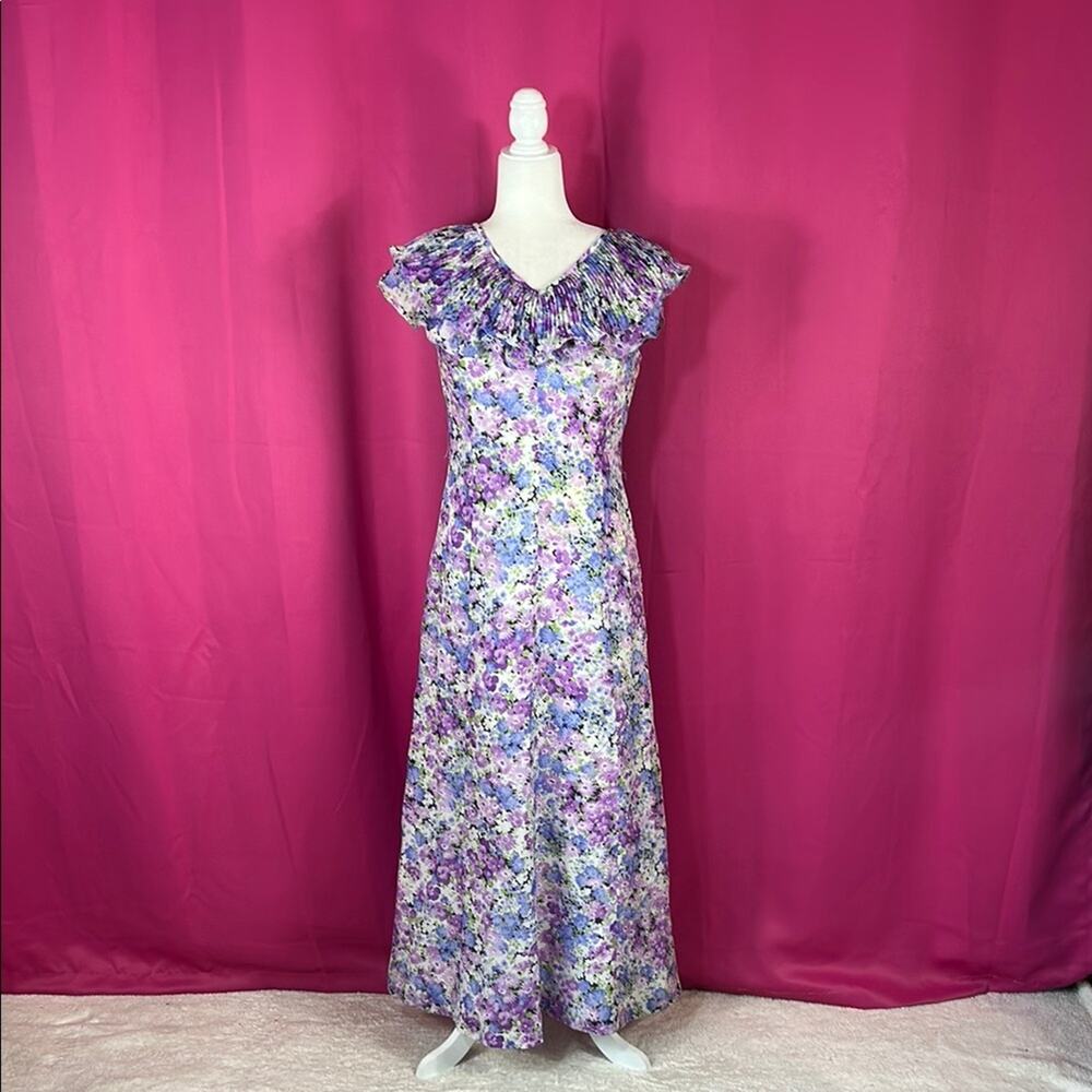 Vintage 70s purple floral chiffon accordion collar maxi dress, size med